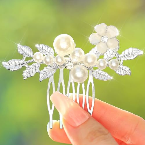 Fairvir Braut Schmuck Hochzeit Haarkämme Silber Perle Seite Kamm Blume Laub Braut Haarschmuck für Damen und Mädchen (Silber)