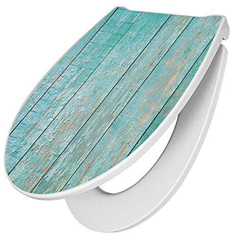 banjado Premium Toilettendeckel mit Absenkautomatik 45x38,4cm / WC Brille Soft Close/hygienischer Toilettendeckel/Klodeckel Duroplast mit Edelstahl Scharnier/Motiv Blaue Planken