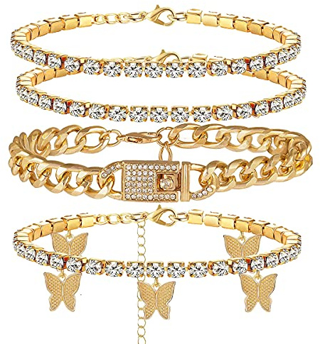 yfstyle 4PCS Cuban Link Ankle Bracelet Rhinestone Tennis Chain Butterfly Anklet Set for Women Summer Beach Adjustable Layered Rhinestone Anklets-gold cuban