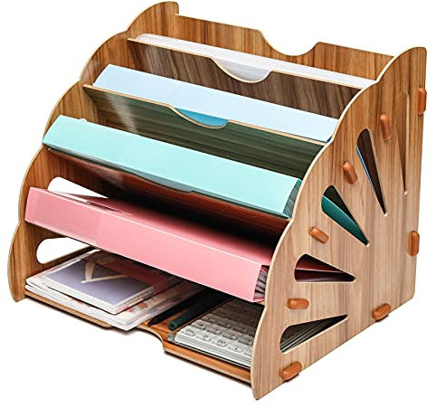 EXERZ Holz-Akten-Organizer 5 Ebenen Pfauenschwanz für Schreibtisch, Bürobedarf, Dokumentenhalter, Schüler, Schule, Notizbuch, Briefe und Zeitschriftenaufbewahrung, stationär, Gemäldetrocknung.