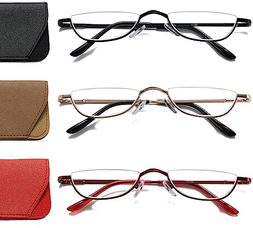 Hubeye Lot de 3 paires de lunettes de lecture demi-lune en métal fin demi-monture ultra mince avec charnières à ressort pour homme et femme 2.00
