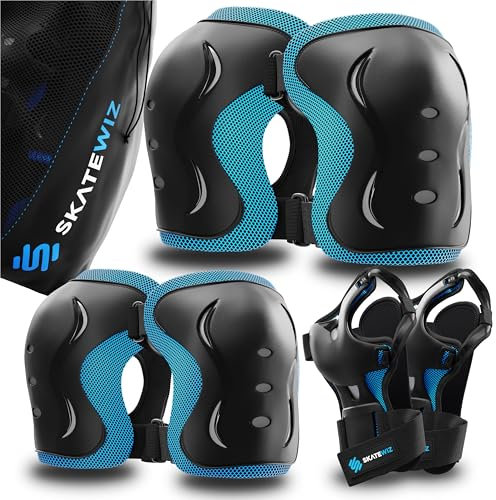 SKATEWIZ Schoner Inliner Kinder Knieschoner Kinder - Knieschützer - Protektoren Set - Knie und Ellenbogenschützer - Skateboard, Rollschuhe, BMX, Scooter - Impact Größe XS Blau