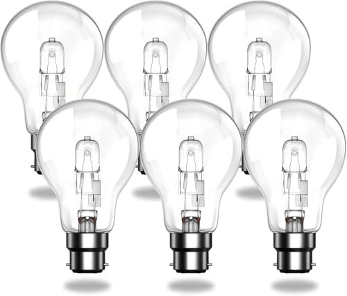 Bonlux 42W B22 Bayonet Halogen Light Bulbs,A60 Globe Dimmable Bayonet Cap Light Bulbs,220V,2700K Warm White Clear A-Shaped B22 Halogen Bulbs, 2000 Hours Long Life,613 Lumens Output,6-Pack