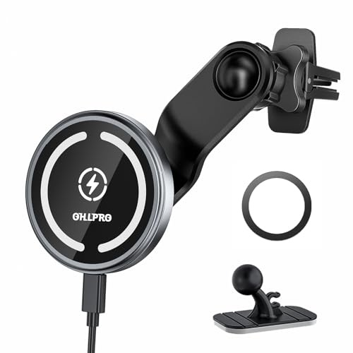 OHLPRO Magsafe Autohalterung mit verbessertem Metallhaken, 15W Kabelloses Ladegerät, Magnetische Handyhalterung Auto für Lüftung & Armaturenbrett, für iPhone 17 16 15 14 13 12 Pro Max Plus, Silber