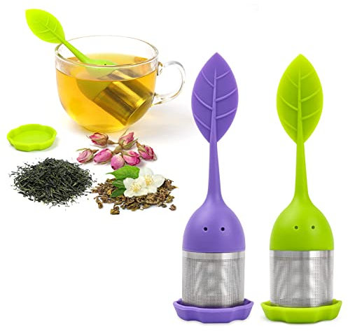 2 Pack Silicone Tea Infusers - Fine Mesh Loose Leaf Tea Filter, Silicone Lid Cup - Green, Purple