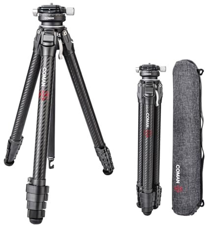 Kamera Stativ, COMAN Zero Y Tripod Carbon Fiber mit 360° Panoramakugelkopf und Arca Swiss Videostativ für alle DSRL-Kameras, leichtes Tripod mit 15.3–156.7cm Höhe, Mittelsäule Belastbar bis 18 kg
