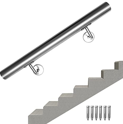 Ansobea corrimano in acciaio inox, ringhiera in acciaio inox da 120 cm di corrimano lungo, 42 mm, corrimano per scale utilizzato per scale interne ed esterne, incl. supporto a parete e tappi terminali