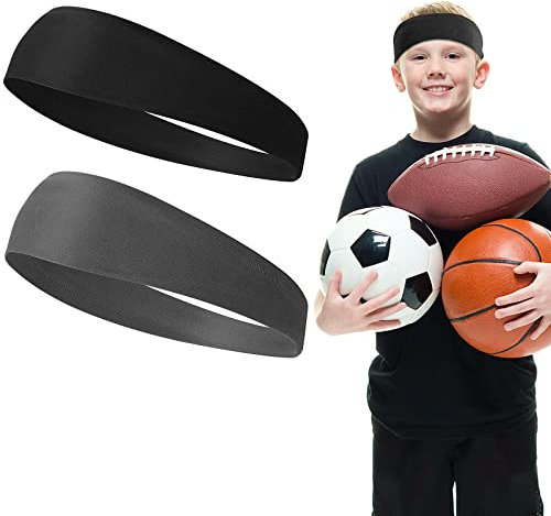 WLLHYF 2 Stück Sport-Stirnbänder für Kinder, weiche sportliche Schweißbänder, Stirnband für Mädchen und Jungen, feuchtigkeitsableitendes, elastisches Haarband für Kinder und Jugendliche (Schwarz+Grau)