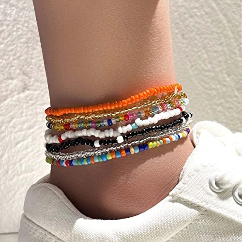 Clataly 7 st ankelarmband handgjorda elastiska pärlor ankel färgglada pärlor fotkedja sommar fot smycken set för kvinnor flickor (färg: A)