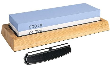 Intirilife 2 in 1 Schleifstein Set Wetzstein 1000/6000 mit Silikonhalterung für Messer in Blau - Weiß - 21.3 x 9.2 x 4.6 cm - Doppelseitiger Messerschärfer Abziehstein zum Schärfen von Messer