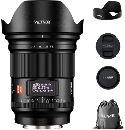 VILTROX AF 16mm F1.8 FE Objektiv für Sony E Mount, große Blende F/1.8 Vollformat-Weitwinkelobjektiv mit integriertem LCD-Bildschirm für Sony E-Mount Kamera Alpha a7II a7RIII a7RIV a7S a7SII a9 a7C