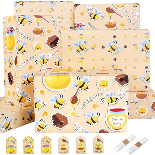 Bee Birthday Recycled & Recyclable Gift Wrap - ECO Gift Wrapping Paper Sheets for Girls, Women, Present Wrapping Paper Set, Tag Ribbon