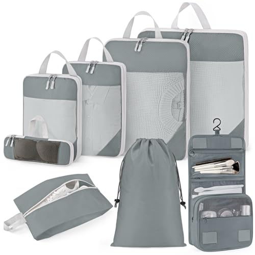 Anjing koffer Organizer kompression,8 Stück Packing Cubes Compression,Packwürfel Kompression,Taschen mit Kulturbeutel und Schuhbeutel, Reisezubehör, Grau