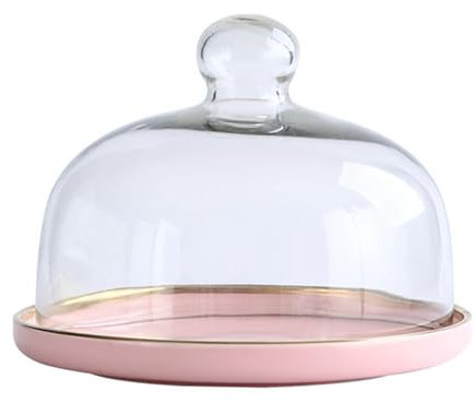 BURLOE Cake Cover, Ceramic Cake Plate, Glass, Cake Dome Stand, Cake Stand, Glass Cover, Food Cover for Wedding, Birthday Party, Pink, Large