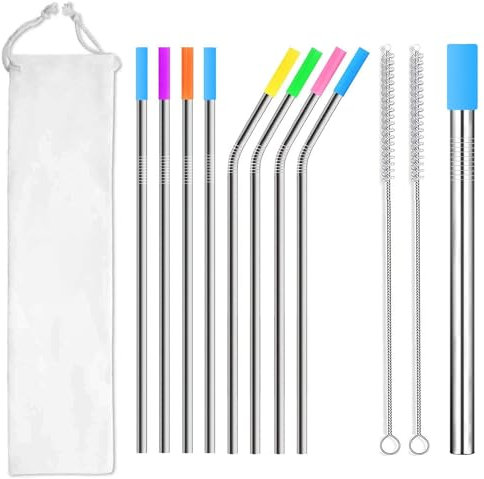 Radisoph 304 Edelstahl Strohhalme Wiederverwendbar, 9 Metall Trinkhalme Im Set mit Silikonspitzen, Mit 2 Reinigungsbürsten, Umweltfreundlich, Ungiftig, Waschbar，Spülmaschinenfest