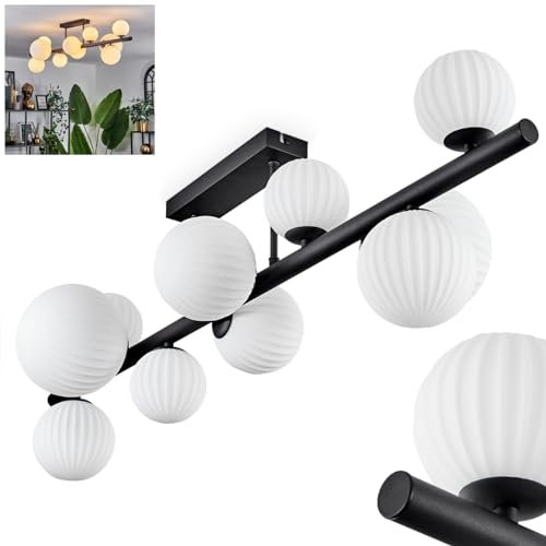 HOFSTEIN Deckenleuchte Chehalis, Deckenlampe aus Metall/Riffelglas in Schwarz/Weiß, Leuchte im modernen Retro/Vintage-Design mit Schirmen aus Glas (Ø 10 cm, 12 cm, 15 cm), 10 x G9, ohne Leuchtmittel