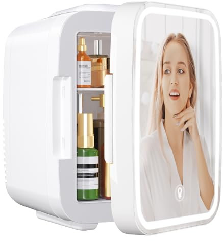 YASHE Mini Nevera para Dormitorio, Skincare Nevera con Espejo LED, Pequeña Nevera de 4L Portátil, Calentador y Enfriador Termoeléctrico 220V AC / 12V DC para Coche, Oficina, Dormitorio (blanca)