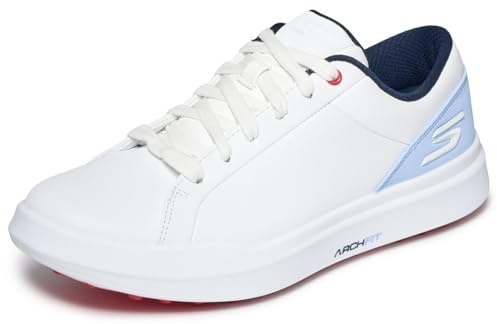 Skechers Drive 6 Arch Chaussures de Golf imperméables en Cuir pour Femme Coupe décontractée, Blanc/Bleu, 38 EU