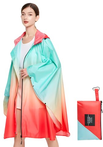 LAMA Vattentät regnponcho, lätt återanvändbar regnponchorock, vandring regnrock jacka med huva och bärväska för vuxna kvinnor män, utomhusaktiviteter, Tonad orange, L-XL