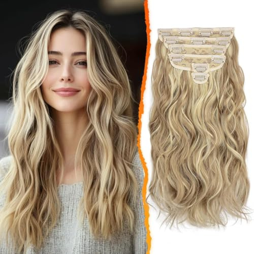 BARSDAR Clip in Haarverlängerung, 40CM Wellige Blond Hair Extensions Für Frauen 6PCs Dickes Natürliches Weiches Synthetisches Clip in Haarteile - Helles Aschblond Mix