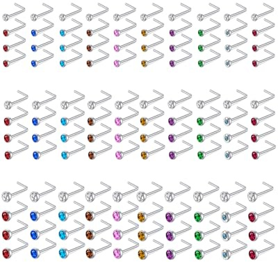 Guicjwl 120Pcs 20G Surgical Stainless Steel Nose Rings L Shapes Nose Studs 2.0/2.5/3.0mm Hypoallergenic Nose Studs Silver Gold Rose Gold Black Rainbow Blue Lip Rings Nose Rings Piercing Jewelry Set for Women Men (C:120Pcs L Shapes Studs)