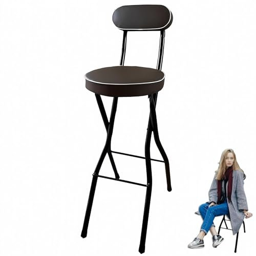Sedia Sgabello Pieghevole Alto Imbottito in PU, Sedia Sgabello Pieghevole Portatile Alto da Bancone per Adulti Cucina Isola Chitarra(Black-Brown,60cm/24in)