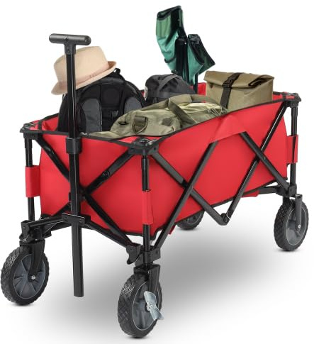 TactFire Bollerwagen faltbar, 600D Oxford-Stoff und Stabiler Stahlrahmen,Tragfähigkeit 100kg, für Sport、Einkauf、Camping,Strandkarren,Rot