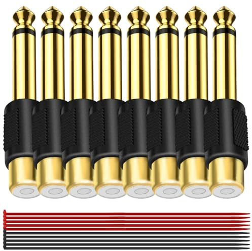 MKBKLLJY 8PCS RCA to 1/4 Audio Adapter 6.35mm Quarter Inch TS Mono Male to RCA Female Jack Plug Audio Connectors Imitation Gold Plated With with Cable Tie, for Mixer Subwoofer Guitar Amplifiers
