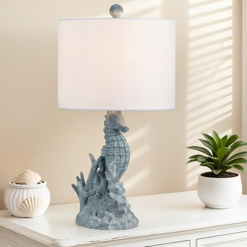 Crestview Collection Coastal Table Lamp, 21 Light Blue Resin Seahorse Lamp with Linen Shade, Ocean Nautical Home Decor for Nightstands or End Table, Beach Style Lamp for Bedroom,Living Room,Hallway