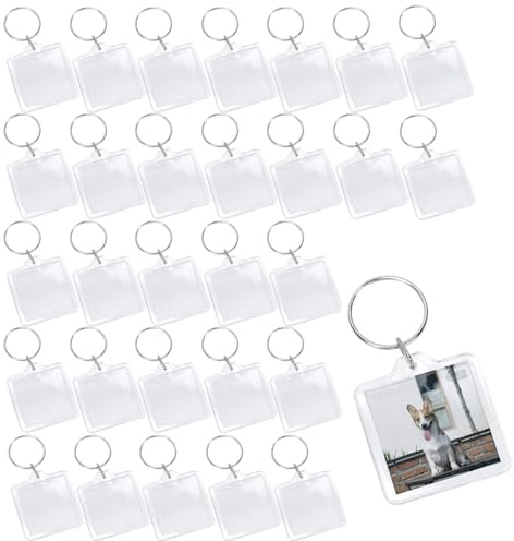 Swpeet Lot de 110 porte-clés vierges en acrylique transparent 5 styles avec anneau de connexion, Transparent, 45mm x 30mm