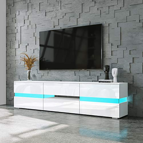 Ikewaier TV-Schränke für Wohnzimmer Fernsehschrank 1 Schublade 2 Türen Holz TV Lowboard Hochglanz Front mit LED-Licht 177 x 39 x 45cm (Weiß)