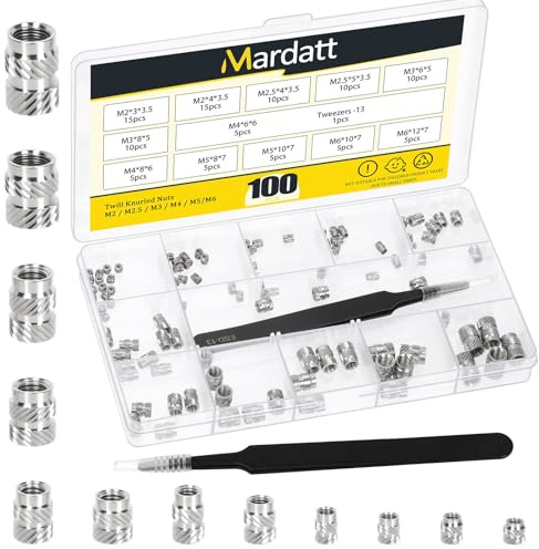 Mardatt 100 Stück M2 M2.5 M3 M4 M5 M6 Gewindeeinsätze Kit, 303 Edelstahl weibliches Gewinde Kombination metrische Knurled Muttern Wärmeeinsatz für Kunststoff und 3D-Druck Komponenten