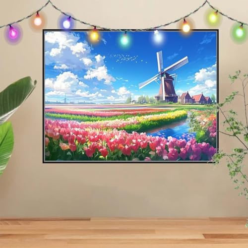 5D DIY Diamond Painting Kinder Windmühle und Tulpen,Diamant Painting Bilder 40x50cm,Mosaikherstellung Malen Nach Zahlen Cross Stitch Malerei Set,Daiments Painting Erwachsene für Wand Decor 4E-4033