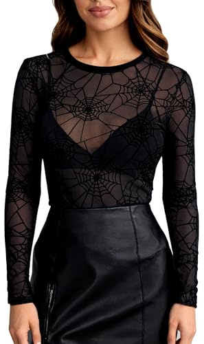 BemorRun Netz-Top mit Blumenmuster für Damen, Rundhalsausschnitt, lange Ärmel, durchsichtig, tailliert, sexy Ausgeh-Tops, Schwarzes Spinnennetz, Klein