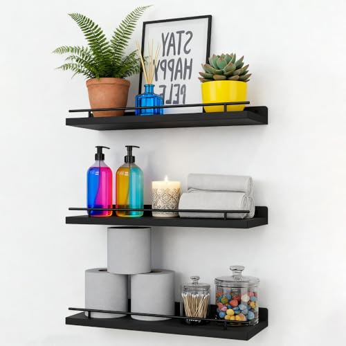 Byfoyif 3 Pcs Étagère Murale Cuisine 40x15 cm, Étagère Bois Flottante avec Garde-Corps, Tablette Suspendue Murale Charge Lourd de 9 KG, Tablette Salle de Bain Flottante, pour Salon Cuisine Chambre