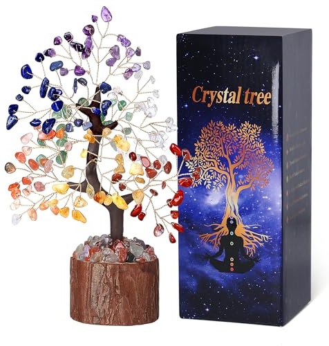 QINJIEJIE Chakra Kristallbaum Lebensbaum Feng Shui Geldbaum für Positive Energie, Handgemachte Schreibtisch Deko, Spirituelles Geschenk für Frauen und Männer als Baum des Lebens