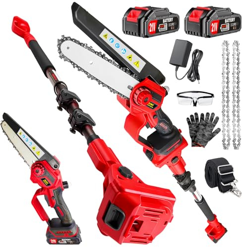 2-in-1 Electric Pole Saws & 6 Inch Cordless Mini Chainsaw for Tree Trimming with Extension Pole & 2Pcs Battery Powered, 16 Feet Electric Pole Chainsaw, Tree Trimmer Limb Branch Cutter Pruner-Red