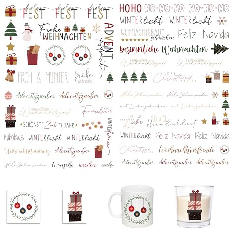 FloraVigo Easy Rub On Sticker, easy rub aufkleber ca.A5 19x14cm-Spruch Deko zum Geburtstag, Keraflott, Hochzeit, Zuhause, Wischfolie für Möbel, Glas, Holz (4PCS) (Weihnachten)