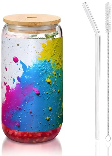 GaxfjRu Paint Splatter Backdrop 16oz Glass Cups Lids and Glass Straw,Wider Glass Cups for Smoothies, Tea, Cola,Soda