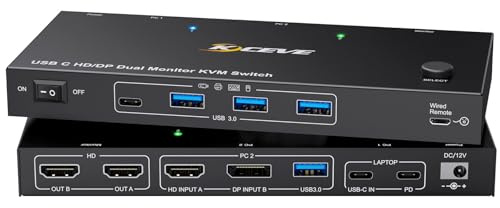YOUTINGHDAV KVM Switch 2 Monitors for Laptop & Desktop, KVM Switch 2 Monitors 2 Computers USB C HDMI DP, USB 3.0, MST, 4K@60Hz, PD 60W, Wired Remote(4K USB C DP HD 2 in 2 out KVM)