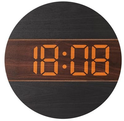 Lancoon Digital träväggklocka med LED, stor display, automatisk dimning, tystnad, rund 12/24 timmars omkopplare, hängande plug-in för hem, vardagsrum, kontor