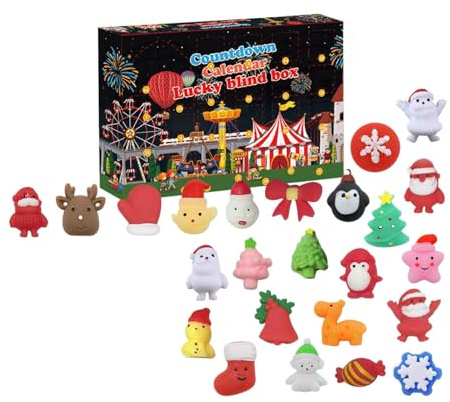 Calendrier de l'Avent 2025,24Pcs Squishies avec Jouets Anti-Stress,Calendriers du Compte à Rebours de Noël de 24 Jours pour Enfants Adultes Cadeauxs DéCorations Anniversairy
