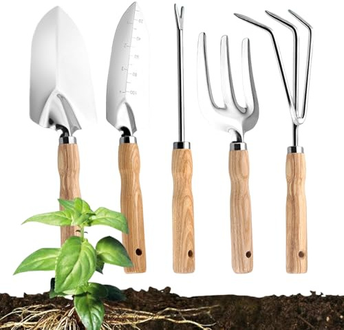Attrezzi da Giardinaggio per Donne,5 Pezzi Rastrello In Acciaio Inossidabile Robusto Con Manici In Legno,Kit da Giardinaggio per Donne - Per Piantagione Esterna Di Fiori E Ortaggi, Scavo, Irrigazione
