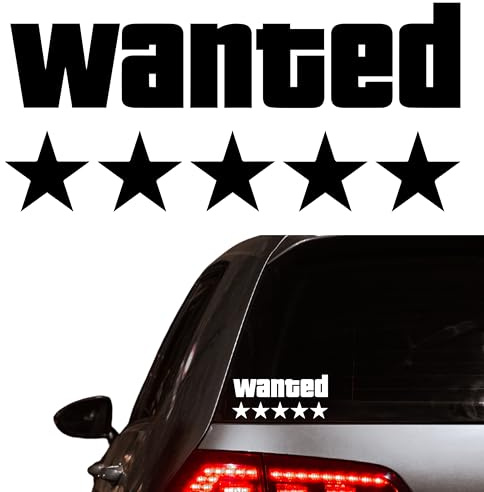 WANTED | Funny Car Sticker 5 STARS - Bumper Body Window Decal Novelty Vinyl JDM Drift Laptop Tablet Fun Gift Idea UK theft Caravan Race Toolbox Bike Van Wall meme Vehicle Helmet Gift Gaming GT - WHITE