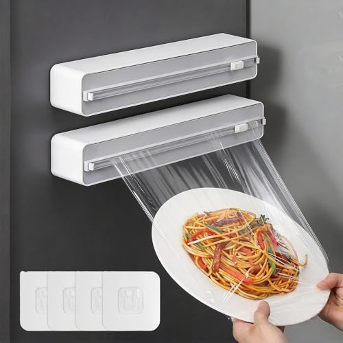 EAAGHK 2 Pcs Distributeur Film Alimentaire Magnétique avec Coupeur à Glissière, Dévidoir Papiers Alu et Films Alimentaires Frigo, Coupe Papier Film Alimentaire avec Crochet Autocollant, pour Cuisine