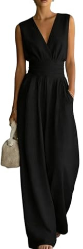 Ansenesna Jumpsuit Damen Elegant Festlich Lang Jumpsuits Für Damen Sommer Weites Bein Overall Für Hochzeit V Ausschnitt Einteiler Frauen Mit Ärmel Tailliert Playsuit Schick Curvy Romper mit Tasche