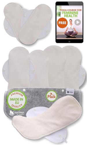 Compresas reutilizables en bambú orgánico para flujo menstrual ligero y abundante (S+M+L+XL, 7 uds); lavables a alta T°, HECHAS EN LA UE; suaves, no irritantes y cómodas, compresas tela para mujeres