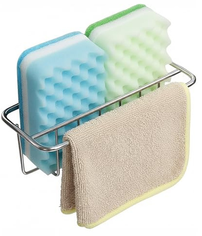KESOL Adhesive Sponge Holder + Dish Cloth Hanger, 2-in-1 Sink Caddy, SUS304 Stainless Steel Rust Proof Water Proof, No Drilling