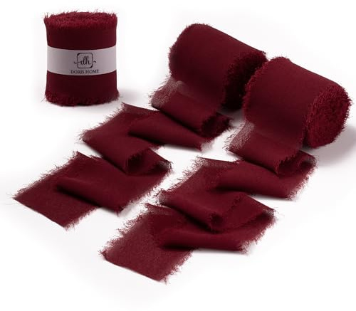 DORIS HOME Burgundy Chiffon Ribbon for Flower Bouquet, 2 x21Yd Fabric Ribbon for Gift Wrapping, Handmade Frayed Ribbon for Wedding, Chiffon Silk Ribbon for Christmas Decorations