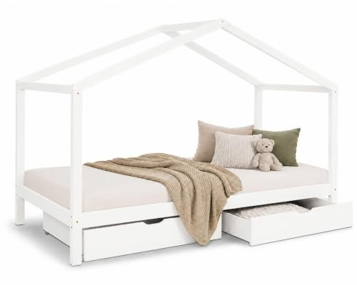 Homestyle4u Kinderbett 90x200, Hausbett Weiß mit Bettkasten | Montessori Bodenbett aus Massivholz Kiefer - Skandinavisches Design - Inklusive 2 Schubladen - Stabil für Jungen & Mädchen
